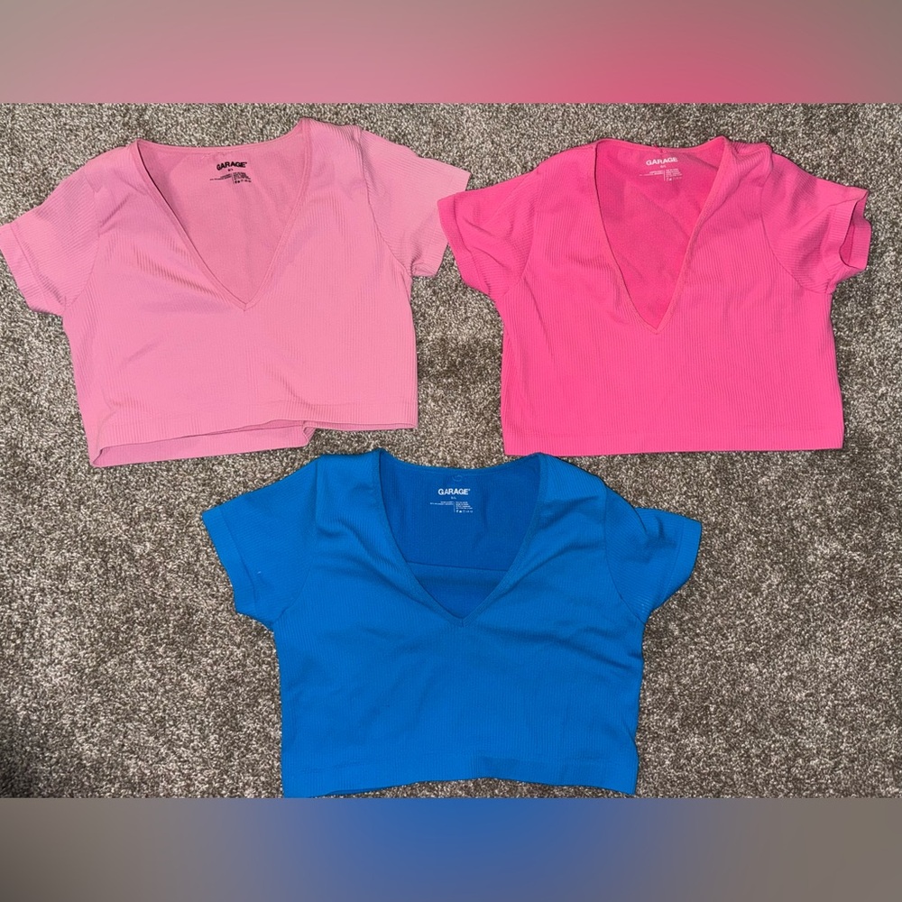 Garage Ribbed V-Neck Crop Tops - Light Pink, Hot Pink, Blue